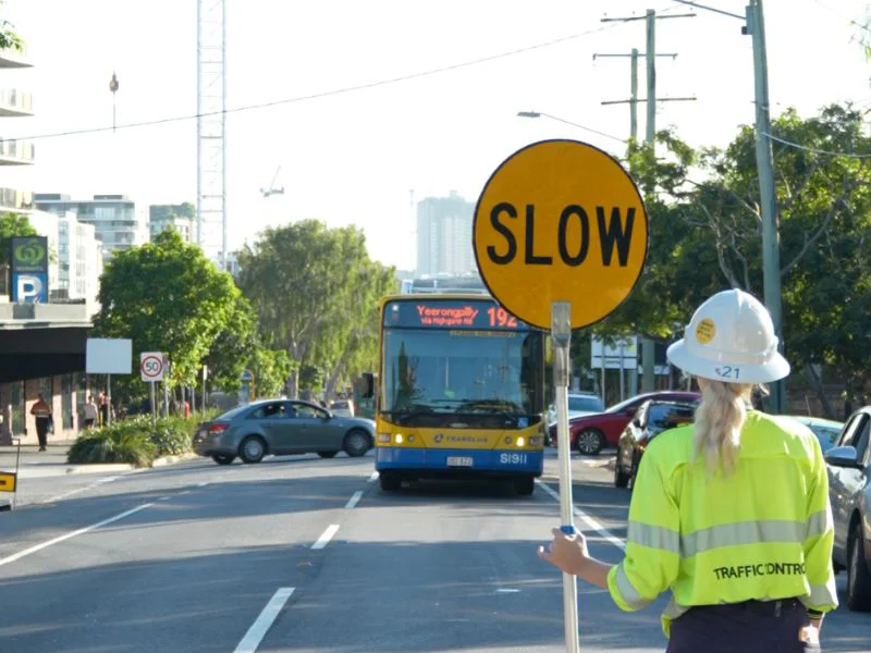 Traffic management roadwork signage on an urban street