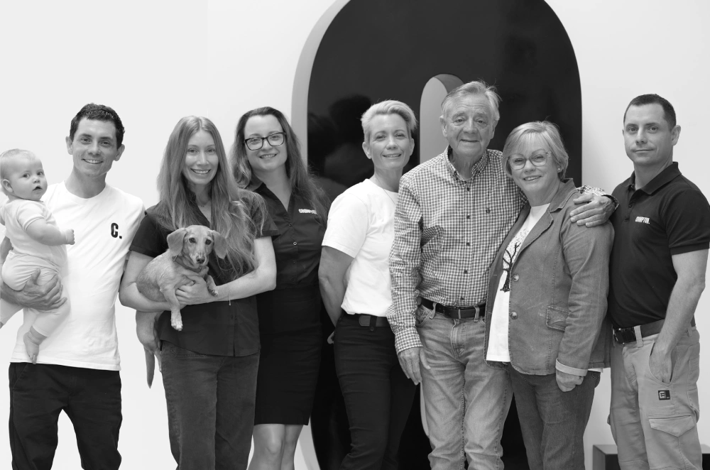 Crompton family and team group photo at Crompton Concepts